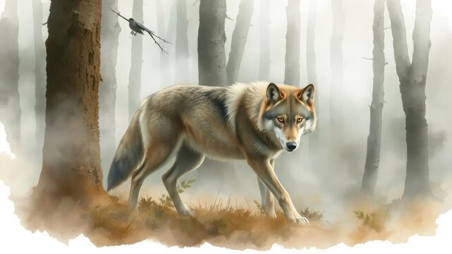 Lifelike watercolor painting of a wolf prowling through a misty forest, watercolor, wildlife