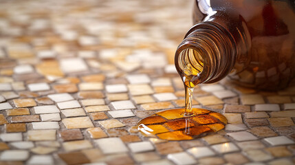Spikenard Oil Cascade: Fragrant Drops from Alabaster Jar on Vibrant Mosaic Floor