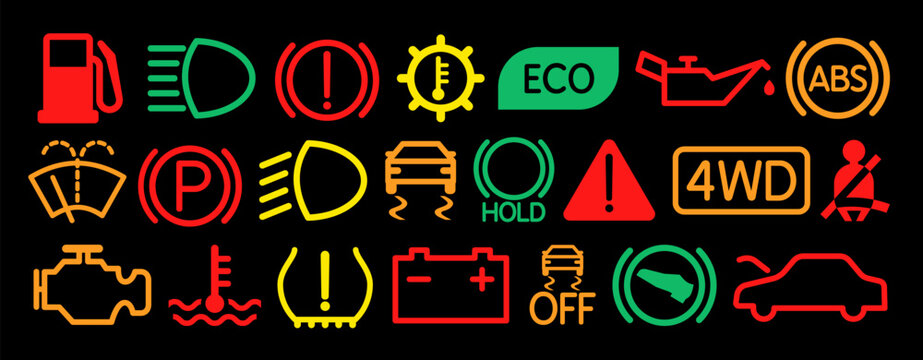 car dashboard signs icons indicators set vector illustration on black background