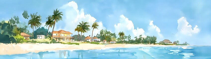 Tropical Beach Houses Under Sunny Sky