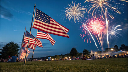 4th of July Party. American flags wave under colorful fireworks in a night sky.