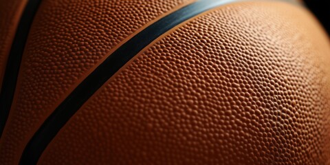 A detailed macro shot of a basketball showcasing its textured surface, the distinctive black line and rich orange color, emphasizing its athletic significance and design.