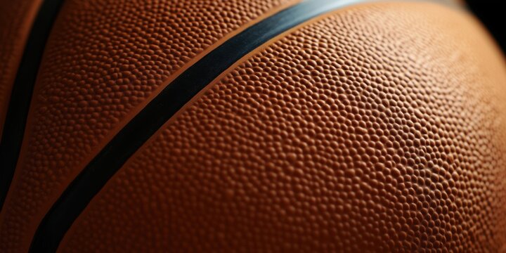 A detailed macro shot of a basketball showcasing its textured surface, the distinctive black line and rich orange color, emphasizing its athletic significance and design.