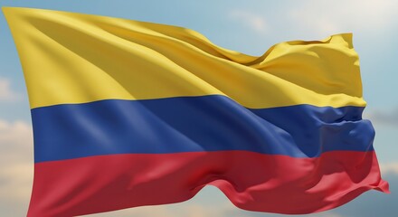 Naklejka premium Vibrant Colombian flag waves gently in bright sunlight. AI Generated