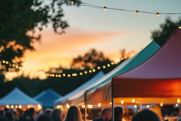 capture vibrant atmosphere of outdoor food festival at sunset focusing on colorful tented stalls displaying variety