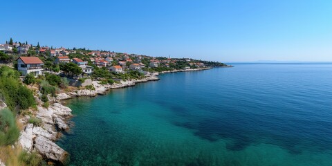 Fototapeta premium A picturesque seaside landscape featuring a serene waterfront with homes and clear blue water that evoke a sense of peace and tranquility, ideal for travel themes.