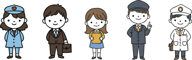 Cartoon illustrations show diverse people in different professions standing in a row with a playful vibe For use in children's books or educational.