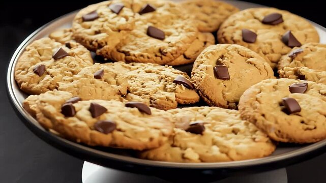 High Speed Cinematic Shot Freshly Baked Chocolate Chip Cookies Rotating Stand Captured Super Slow Motion