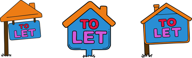 Three cartoon to let signs are depicted in a playful style ideal for rental property marketing materials and websites.