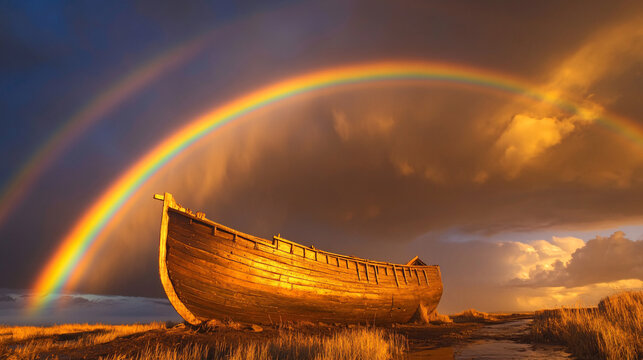 Rainbow Bridge Over Noah's Timeless Ark: A Symbol of Hope Against a Serene Sky