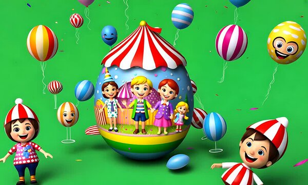 Cartoon kids family in a circus egg, balloons, confetti