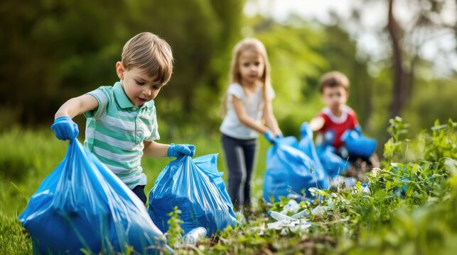 Children volunteers picking up garbage trash in public spaces during Spring season.