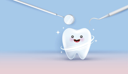 Cartoon tooth character looking in dental inspection mirror. Healthy tooth metaphor. can be used in children dentist clinic. medical health and dentistry concept. cartoon dental character. vector. © TripleP Studio