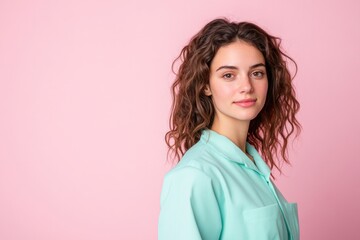 cleaning professional holding sanitary tools standing on solid pastel background