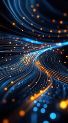 Dynamic flowing light trails digital realm abstract composition virtual environment wide angle captivating energy