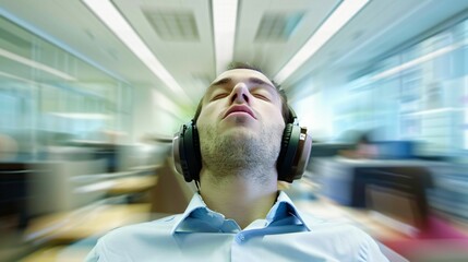 Man wearing noise-canceling headphones, focused and relaxed in a busy office environment, symbolizing the concept of noise cancellation and productivity enhancement.