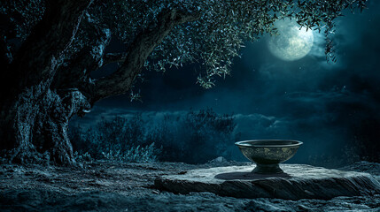 Moonlit Gethsemane: Prayer Cup on Olive Root Table Amidst Serene Garden Textures