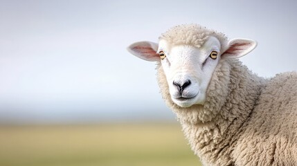 Fototapeta premium close-up image of sheep curious gaze its woolen texture prominently visible set against blurred pastoral meadow to