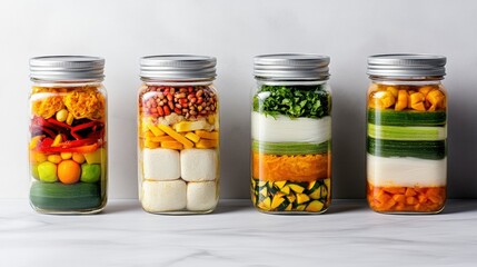 An array of assorted food items beautifully arranged in glass jars for home cooking and meal preparation