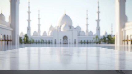Obraz premium product display image of a white table top that extends across the frame, in front of a modern, blurred mosque with light gray background 