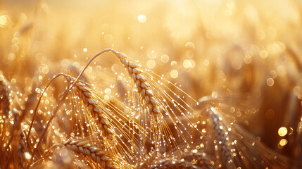 Dew-Kissed Wheat Sheaves on Terracotta Floor: A Serene Harvest Scene with Ample Copy Space