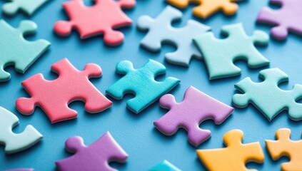 Colorful jigsaw puzzle pieces scattered on blue surface