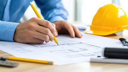 Architect's hand sketching plans workspace illustration modern office close-up design process