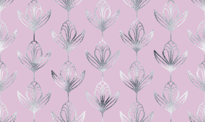 Silver decorative flower seamless pattern with glitter texture.