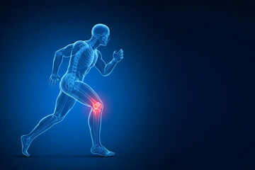 Fototapeta premium X ray illustration of a running man with pain in knee joint with blue background - 3D illustration