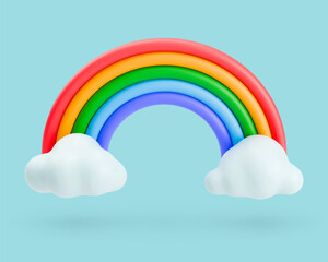 3D rainbow with clouds. Cartoon colorful realistic weather icon on blue background. Plasticine or clay vector design element for children banner, summertime flyer, seasonal events