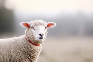 Fototapeta premium close-up of single sheep face with deep wool texture serene and gentle expression against blurred pastoral backdrop