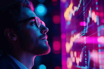 A businessman interacting with a glowing holographic stock chart, analyzing market trends with futuristic interfaces with copy space. Cool neon lighting. High-tech corporate background.