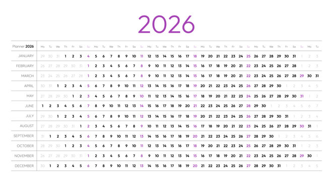Calendar for 2026 year design template, week starts Monday. Schedule page journal, stationery calendar, organizer, 12 month vector illustration, minimalist style vector illustration