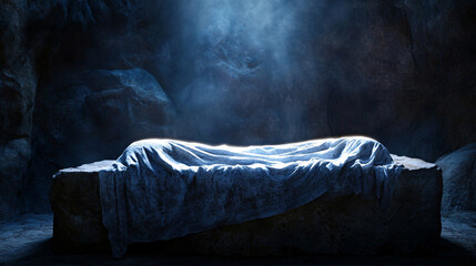 Resurrection Light: Lazarus' Glowing Burial Cloth on Tomb Stone Slab with Serene Copy Space