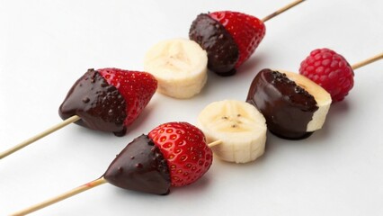 Fruit skewers healthy. Colorful chocolate-dipped fruit skewers showcasing healthy indulgence and vibrant flavors. Perfect for desserts and snacks. Rainbow Colorful Fruits.