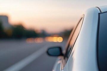 Obraz premium close-up of eco-friendly taxi showcasing its sleek sustainable design with ample road and cityscape in soft focus suitable