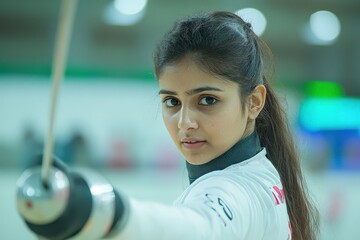 Young Female Fencer Training in a Sports Arena - A Portrait of Dedication and Skill Amidst a Competitive Fencing Environment