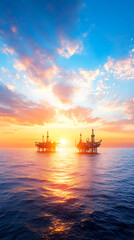 Obraz premium Sunset over oil rigs in the ocean industrial landscape vibrant sky tranquil waters