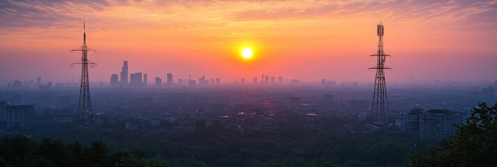 An Early Morning Sunrise Over a Vibrant City Skyline with Communication Towers Silhouetted Against the Glowing Horizon and Colorful Clouds in the Background