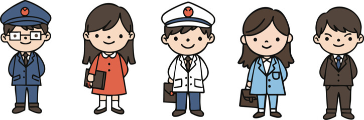 Cute cartoon characters of different professions stand in a row against a white background; great for educational or professional content.