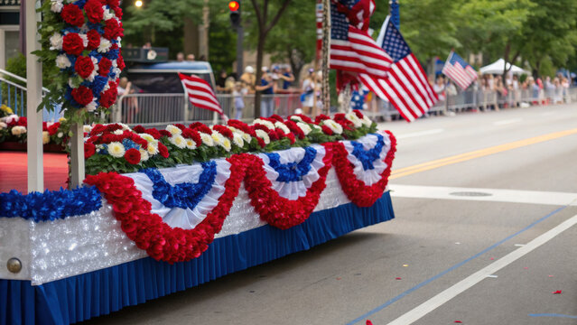 4th of July Party. Decorated parade float with red, white, and blue theme.