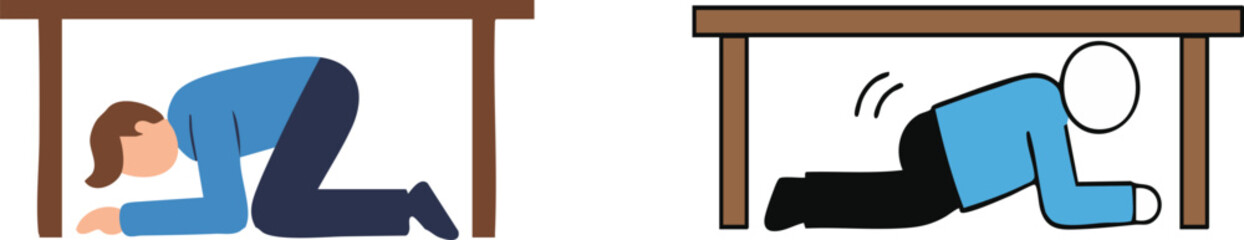 Illustrations show individuals seeking shelter under tables during an earthquake drill for safety education or awareness campaigns.