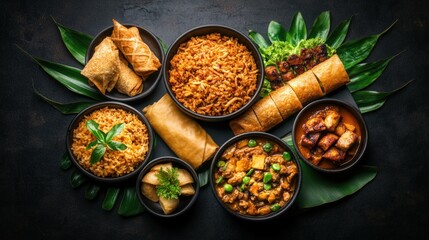 Wide selection of diverse food items displayed on a surface emphasizing flavorful choices for any occasion or gathering