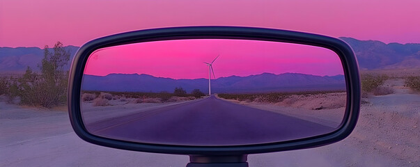 Desert road sunset, wind turbine