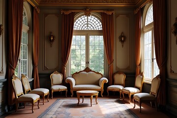 A luxurious, antique sitting room features ornate furniture, curtains, and architectural details