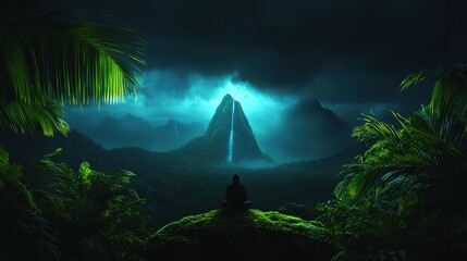 Meditating figure looks at mountain waterfall in lush jungle at night