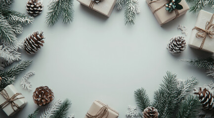 A festive Christmas tree frame with fir branches, cones, and holiday decorations, perfect for a winter celebration card design