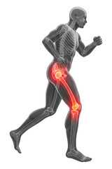 X ray illustration of a running man with pain in knee joint with blue background - 3D illustration,  transparent PNG, isolated, cut-out