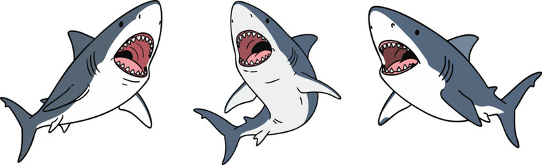 Fototapeta premium Three cartoon sharks swimming with their mouths open, showing teeth and gills This eye-catching image is great for educational resources and.