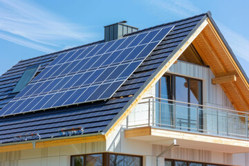 Obraz premium A building with solar panels on its roof under a clear blue sky, showcasing sustainable energy, modern architecture, and eco-friendly features